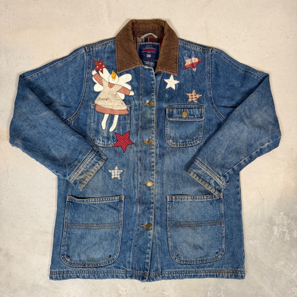 Faded Glory Denim Barn Jacket Angel Star Patchwork Plaid Lined Small 4/6